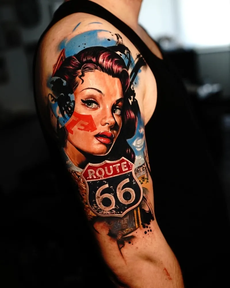 American woman route 66 arm tattoo done by Ina Lutaric