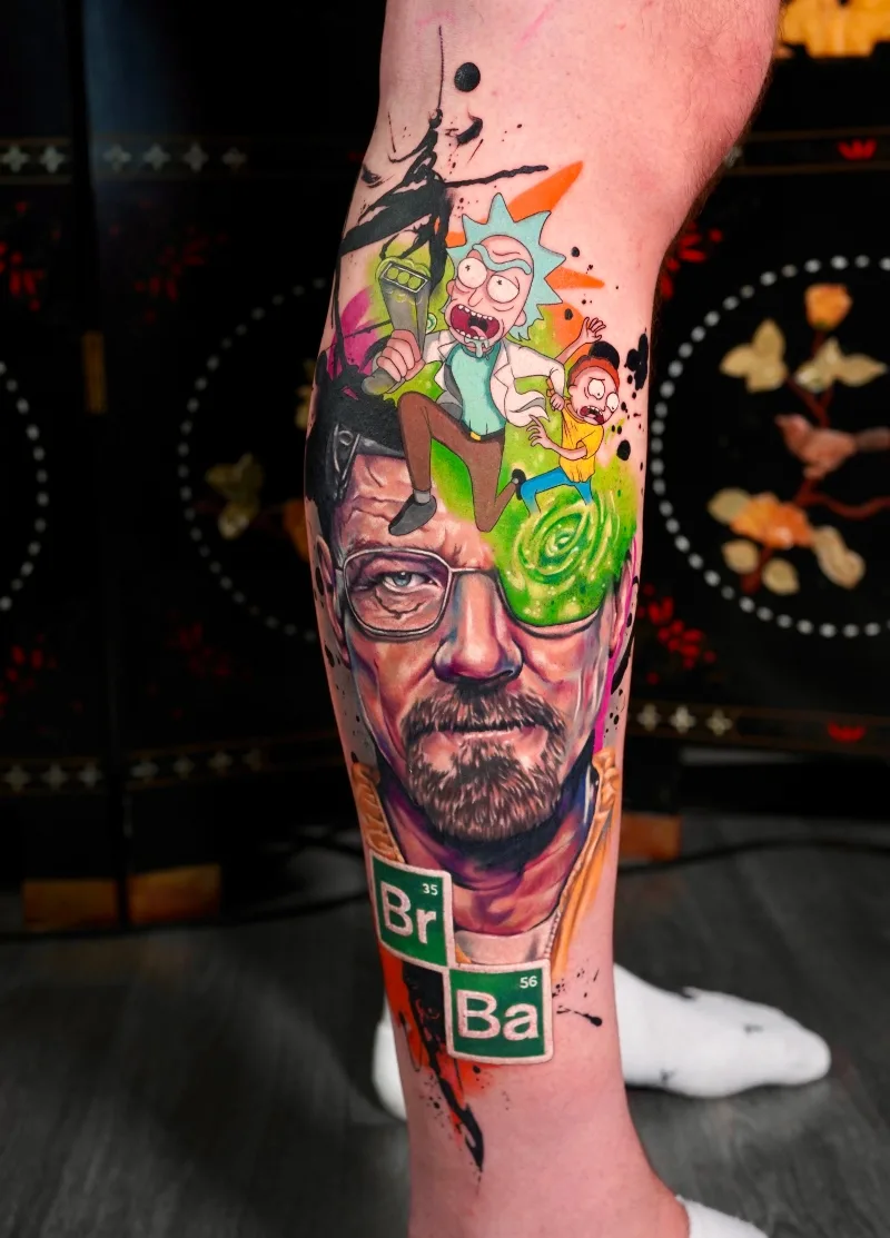 Br amd Ba, Rick and Morty leg tattoo done by Ina Lutaric