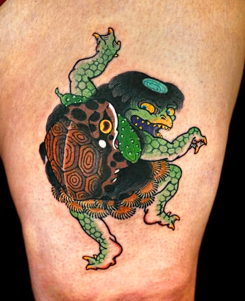 Fighter green toad tattoo leg done by Uncle Baki (1)