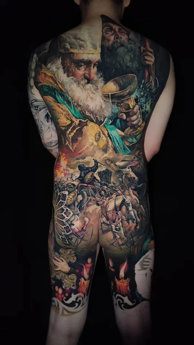 Full back piece war and old man drinks tattoo done by Shang Qi Liu