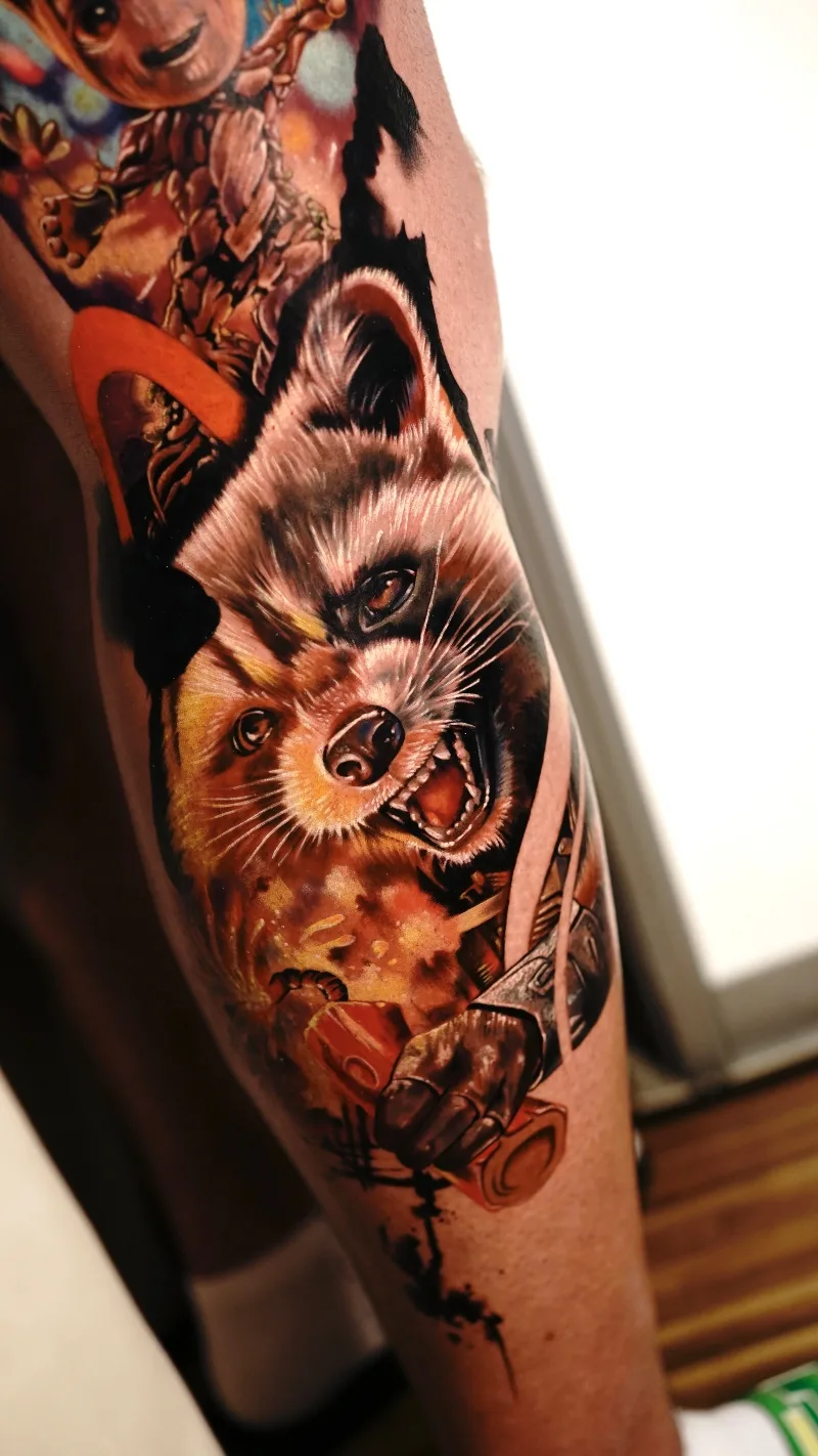 Guardians of the galaxy, Rocket and Groot, leg sleeve tattoo done by Ina Lutaric