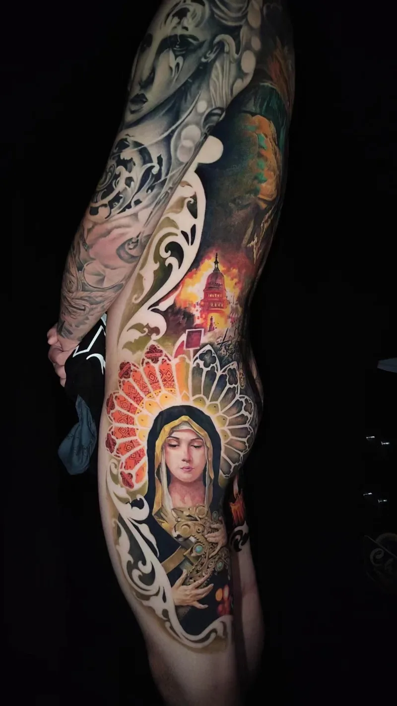 Hip and back coloured woman tattoo done by Shang Qi Liu