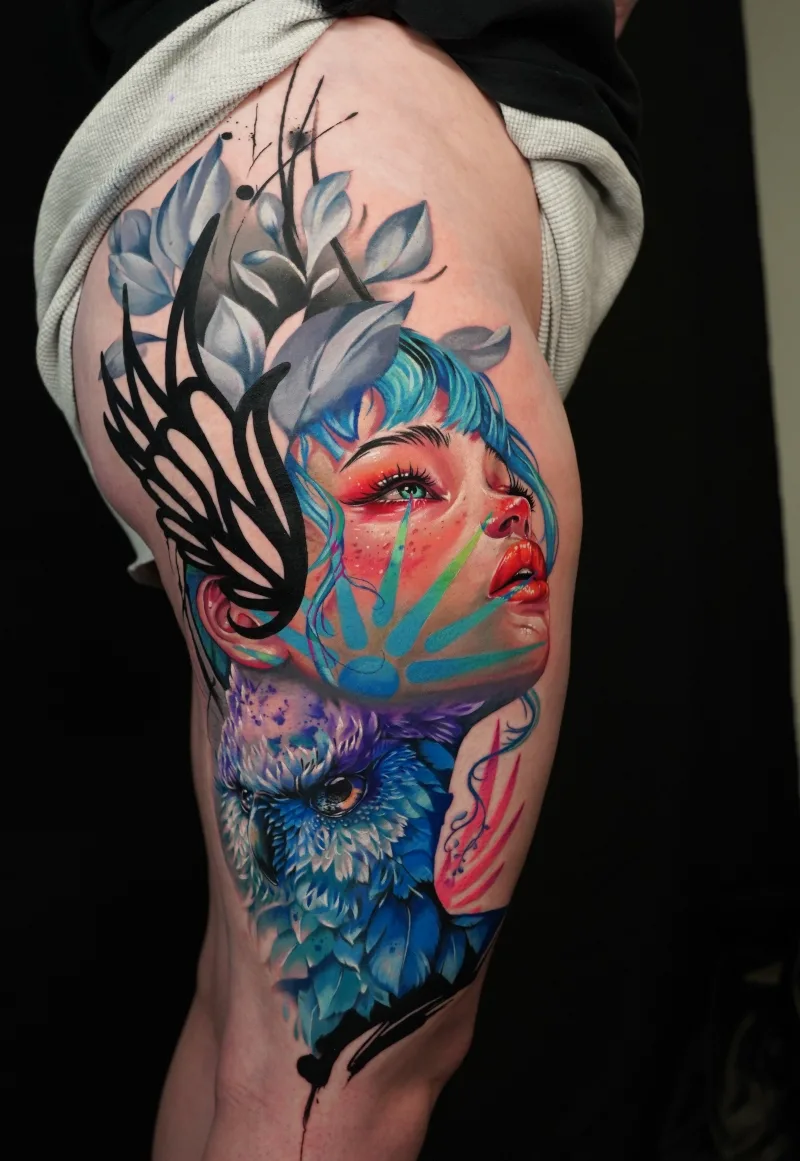 Young Goddes Athena Leg tattoo done by Ina Lutaric