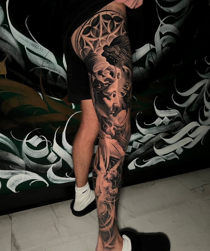 Lucas full leg tattoo
