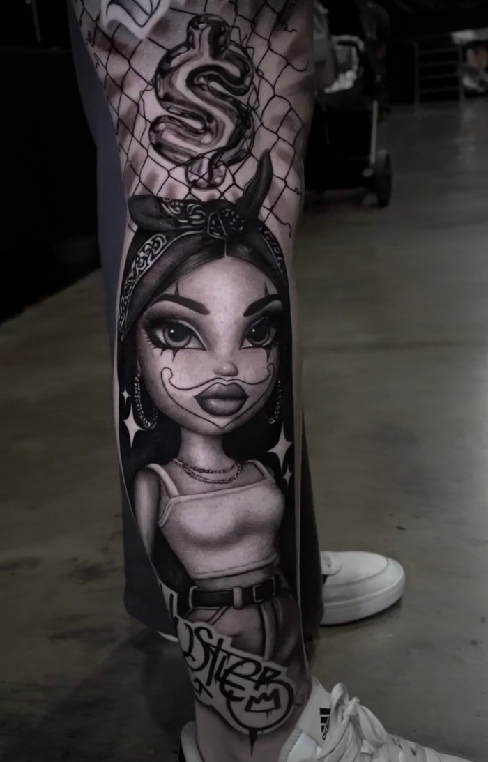 Maria Interview Brat doll full leg tattoo